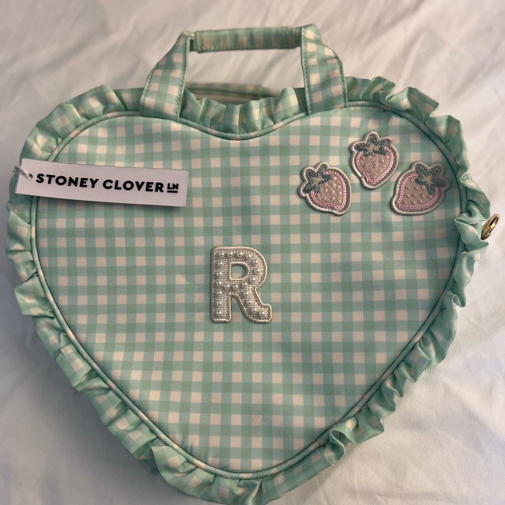 Stoney Clover Lane Heart Shape Mint Picnic Nylon Lined Gingham Bag Initial R NWT